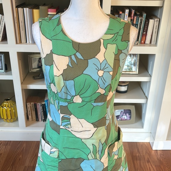 Boden Green and Blue Floral Retro Pocket Sleeveless Shift Dress Size 6 Long - Picture 2 of 11